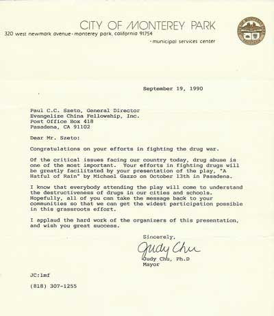 Letter from Mrs. Judy Chu